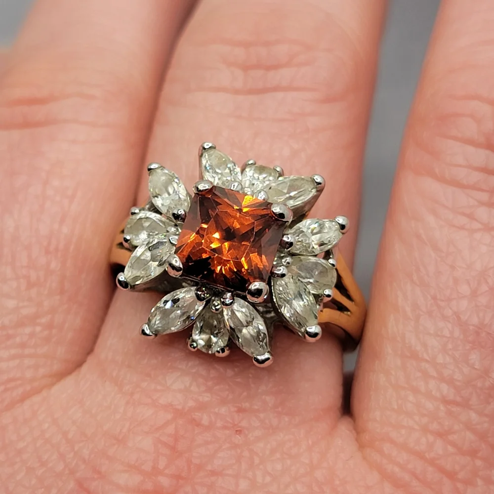 Gorgeous Vintage Sunburst Cocktail Ring Simulated Garnet and Diamond